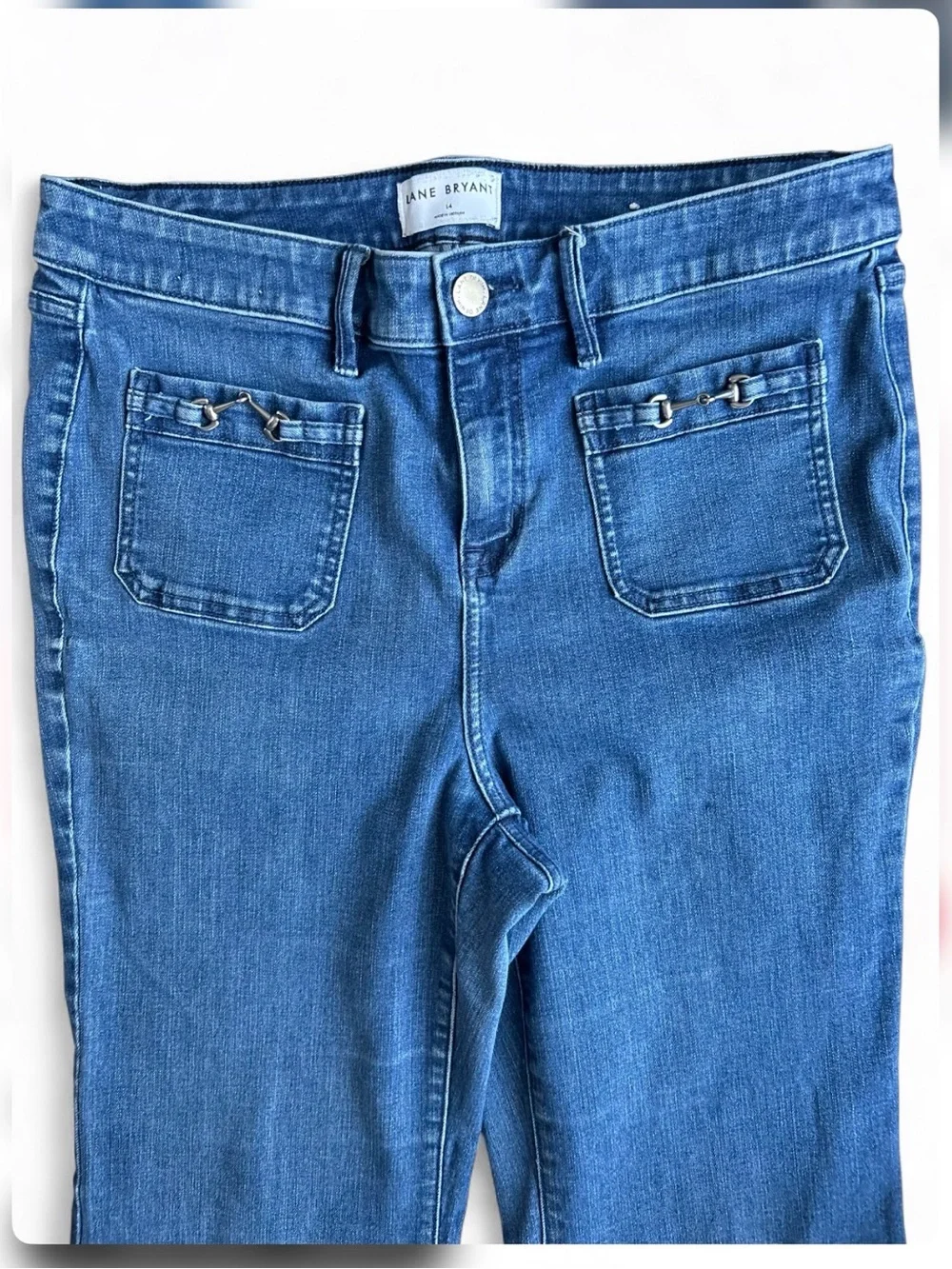 LANE BRYAN Blue Flare Jeans 14 Retro Vibe, Front Pockets W/Horsebit Detail